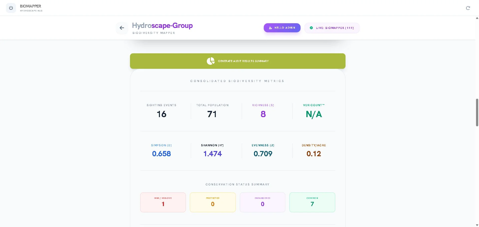 BioMapper consolidated biodiversity metrics showing Simpson's Diversity Index 0.658, Shannon-Wiener Index 1.474, Pielou's Evenness 0.709, and Conservation Status Summary with INNS, protected, endangered, and common species counts