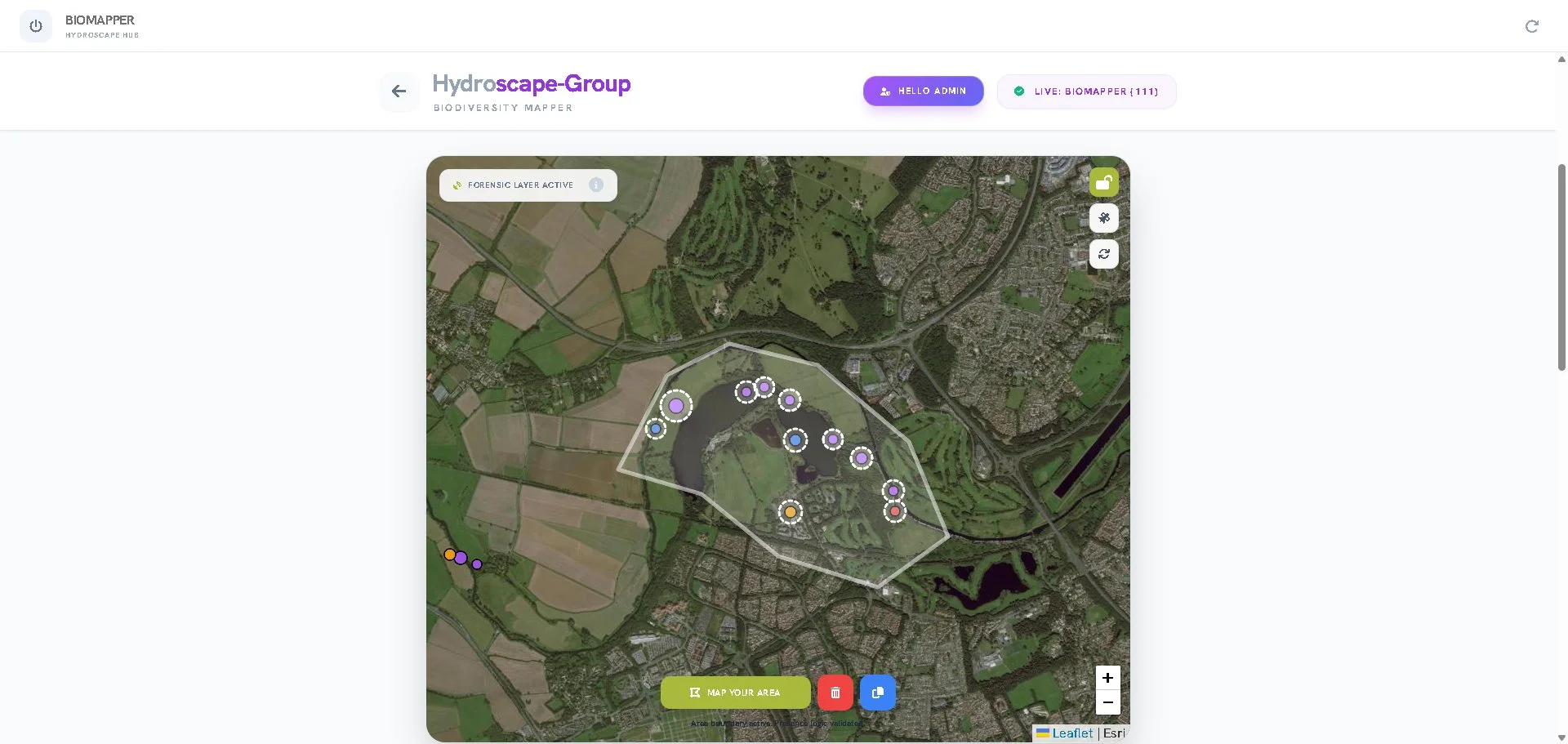 BioMapper satellite view with polygon drawn around a lake site showing species-coloured sighting pins inside the zone boundary with forensic layer active