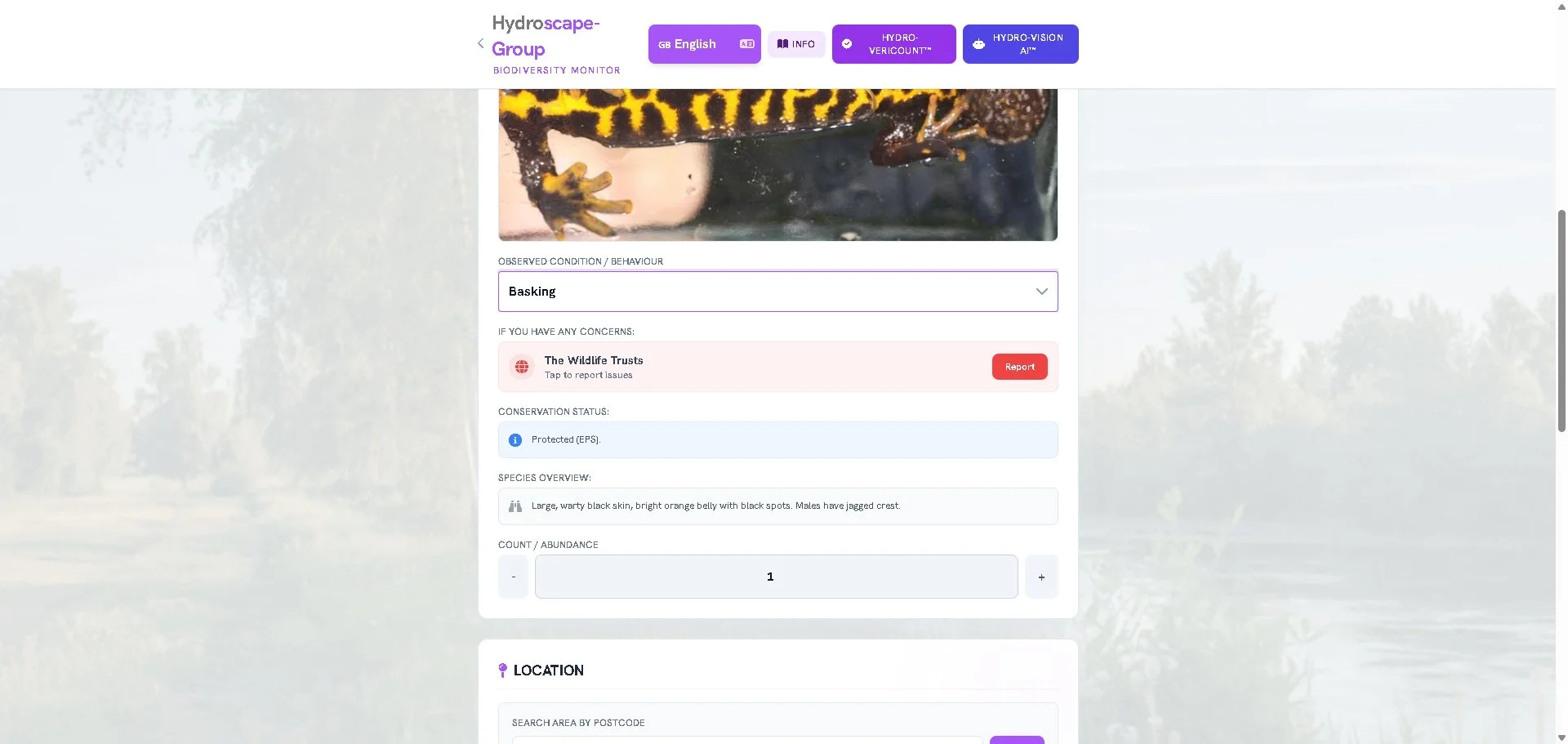 HydroLibrary species profile for Great Crested Newt showing conservation status Protected (EPS), The Wildlife Trusts reporting link, species overview, and observed behaviour