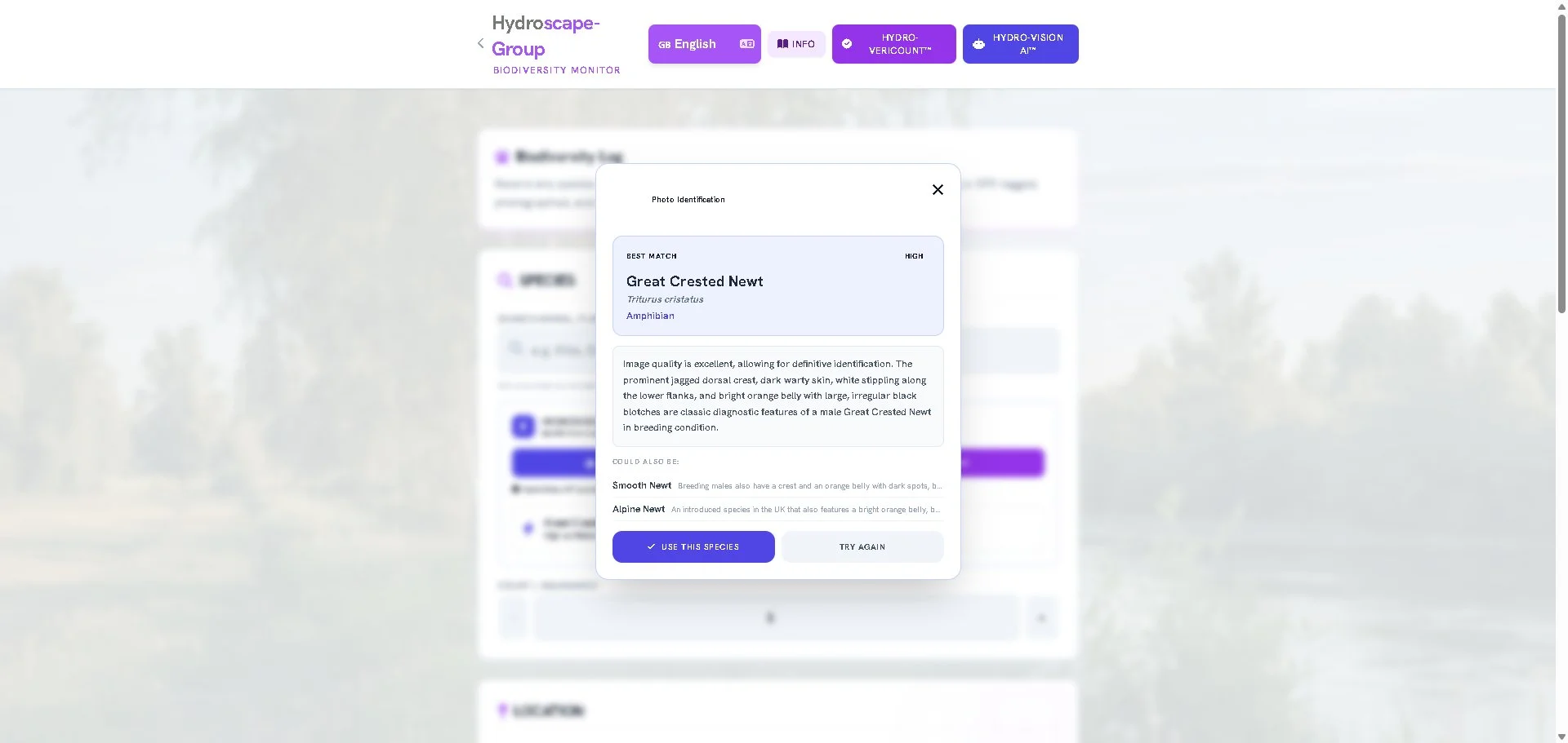 HydroVision AI species identification result — Great Crested Newt identified with high confidence, showing scientific name, morphological analysis, and alternative species